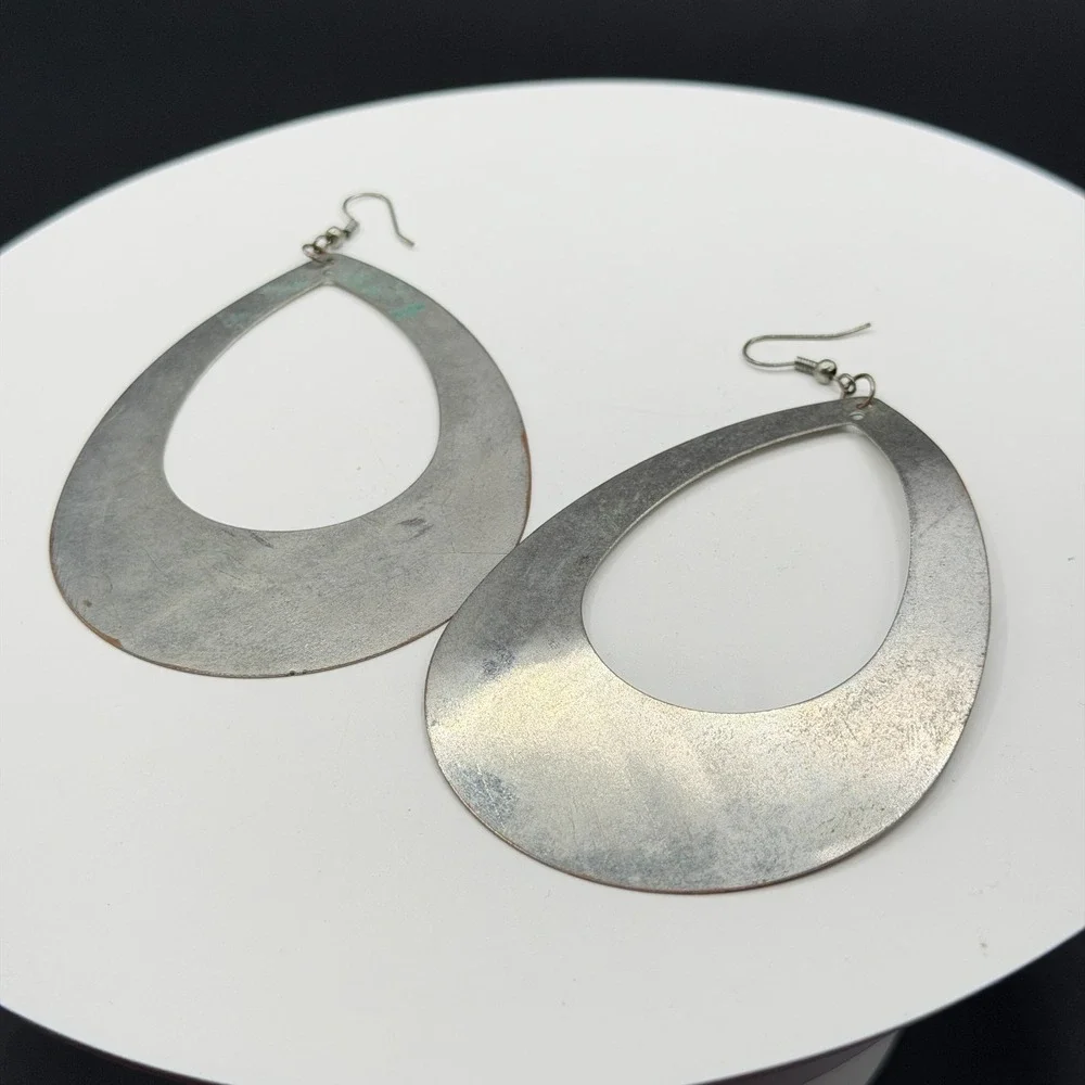 Silver Tone Oversized Teardrop Dangle Earrings Boho Statement Fishhook Pierced